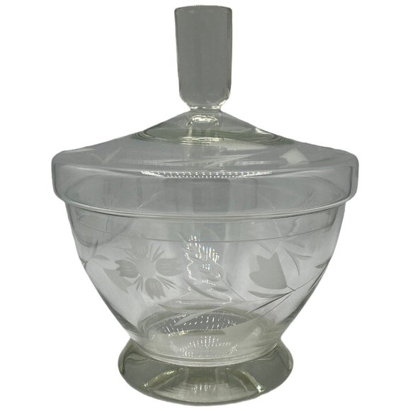 Unmarked Other - Vintage Engraved Floral Crystal Candy Dish with Lid Clear Glass READ